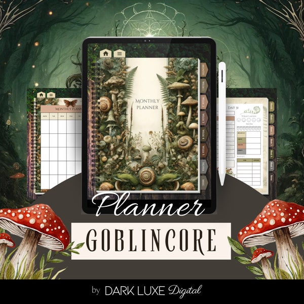 Goblincore Digital Planner | Undated Monthly, Weekly, Daily Layouts | Enchanted Forest Mushroom Aesthetic | PDF, GoodNotes, iPad