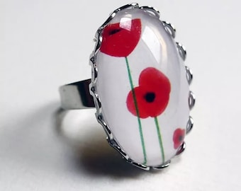 Grande anello papaveri ovale in argento