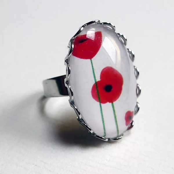 Grande bague ovale argentée Coquelicots