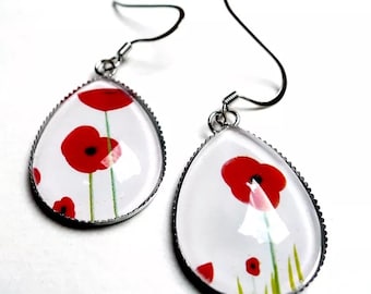 Boucles d'oreilles pendantes gouttes argentées Coquelicots