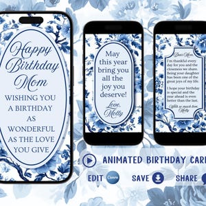 Digitale videoverjaardagskaart Geanimeerde videoverjaardagskaart Geanimeerde e-card voor smartphone Directe download Bewerkbaar in canvas blauw wit Toile