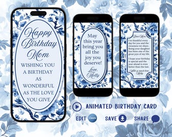Digitale Video Geburtstagskarte Animierte Video Geburtstagskarte Animierte eCard für Smartphone Sofortiger Download Bearbeitbar in Canva Blau Weiß Toile