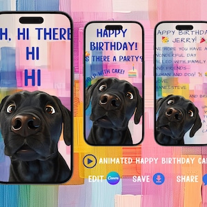 Digitale verjaardagskaart Geanimeerde videoverjaardagskaart Geanimeerde video-e-card voor smartphone Directe download Bewerkbaar in Canva Black Lab Verjaardag