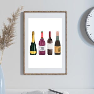 Wine Bottle Printable Wall Art – Minimalist Wine Decor, 4 Bottle Illustration, Bar Cart Art, Kitchen Wine Lover Poster, Digital Download