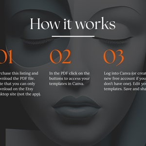 May include: A three-step guide on how to use Canva templates. The steps are numbered 1, 2, and 3. Step 1: Purchase this listing and download the PDF file. Step 2: In the PDF, click on the buttons to access your templates in Canva. Step 3: Log into Canva (or create a new free account if you don't have one). Edit your templates. Save and share!