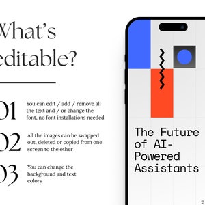 May include: A black smartphone mockup with a white grid background and a colorful geometric design. The text "The Future of AI-Powered Assistants" is displayed on the screen.