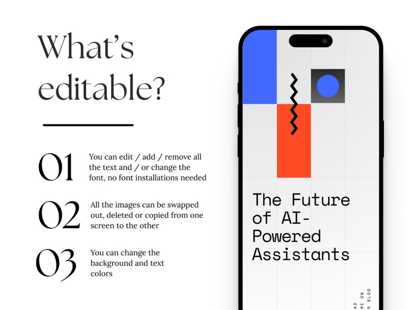 May include: A black smartphone mockup with a white grid background and a colorful geometric design. The text "The Future of AI-Powered Assistants" is displayed on the screen.
