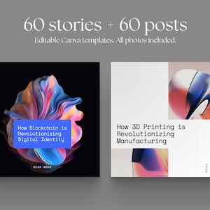 May include: Two social media post templates with abstract colorful 3D shapes. The first post features a blue, pink, and yellow shape with the text "How Blockchain is Revolutionizing Digital Identity". The second post features a pink, blue, and orange shape with the text "How 3D Printing is Revolutionizing Manufacturing".