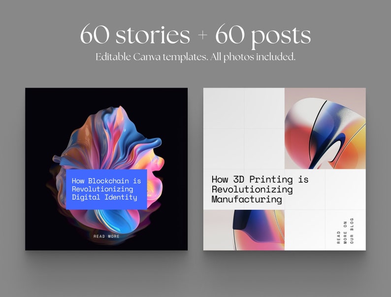 May include: Two social media post templates with abstract colorful 3D shapes. The first post features a blue, pink, and yellow shape with the text "How Blockchain is Revolutionizing Digital Identity". The second post features a pink, blue, and orange shape with the text "How 3D Printing is Revolutionizing Manufacturing".