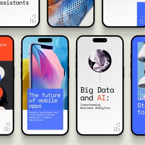 May include: Five smartphone mockups with different backgrounds and text. The text on the phones includes "Assistants", "The future of mobile apps", "Big Data and AI: Transforming Business Analytics", "The Best Tech Start-ups to watch", and "Energy Innovations Renewable Energy Tech".