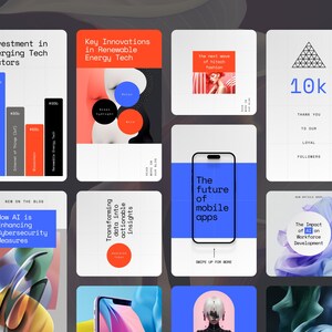 May include: A collection of nine colorful digital marketing graphics with text about emerging technology, renewable energy, mobile apps, cybersecurity, and the impact of AI on the workforce. The graphics feature abstract shapes, geometric patterns, and a smartphone.