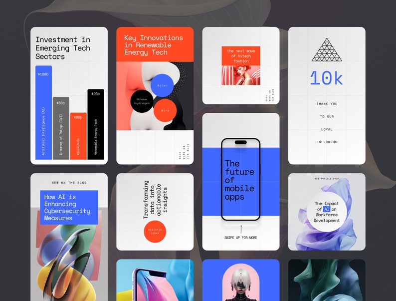 May include: A collection of nine colorful digital marketing graphics with text about emerging technology, renewable energy, mobile apps, cybersecurity, and the impact of AI on the workforce. The graphics feature abstract shapes, geometric patterns, and a smartphone.