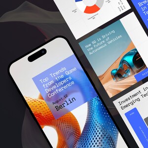 May include: A blue and orange abstract graphic with the text "Top Trends from the Game Developers Conference" and "August 12 Berlin".