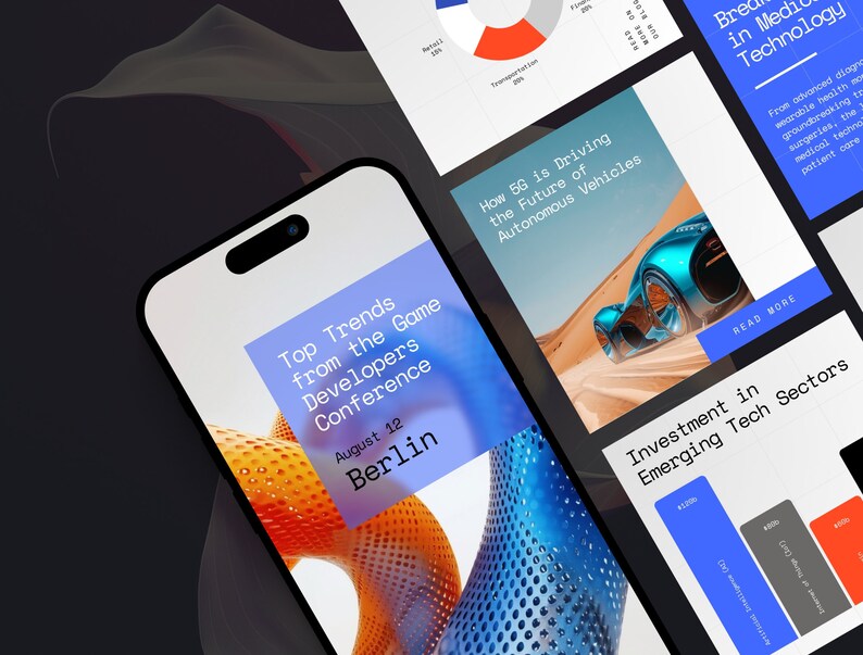 May include: A blue and orange abstract graphic with the text "Top Trends from the Game Developers Conference" and "August 12 Berlin".