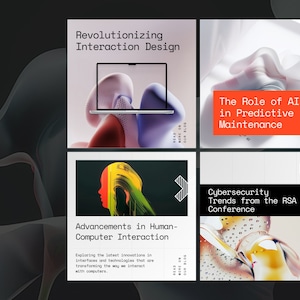 May include: A collage of four images with abstract designs and text. The top left image shows a laptop computer with a colorful abstract design. The text reads "Revolutionizing Interaction Design". The top right image shows a white abstract design with the text "The Role of AI in Predictive Maintenance". The bottom left image shows a colorful abstract design with a human face and the text "Advancements in Human-Computer Interaction". The bottom right image shows a colorful abstract design with the text "Cybersecurity Trends from the RSA Conference" and the number "03".