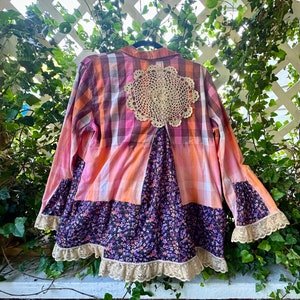 Upcycled, bleached cotton shirt, floral cotton fabric ruffle.