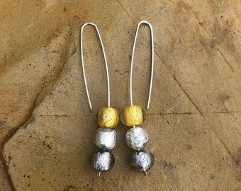 Italian glass beads in an ombré of gray, silver and gold on handcrafted sterling silver earrings