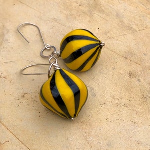 Italian Murano blown glass earring in mustard and black on handcrafted sterling silver hooks