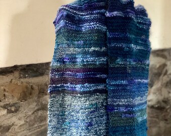 Handknit winter scarf in shades of blue wool, cotton, alpaca and silk