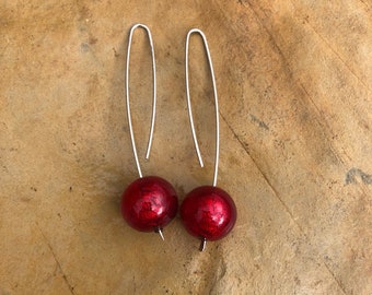 Italian Murano glass beads in on handcrafted sterling silver earrings in cherry red