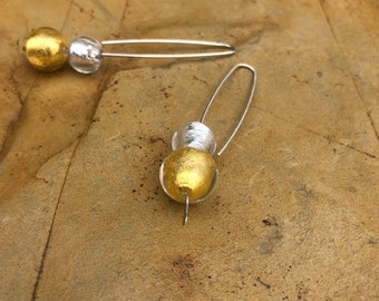 Italian glass beads in silver and gold on handcrafted sterling silver earrings