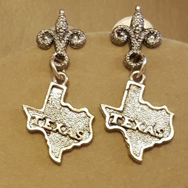 Pewter Fleur de Lis Earrings with Texas Charm Dangle, Hostess Gift, Texas Cajun Gift, Gift for Her, Mothers DayGift