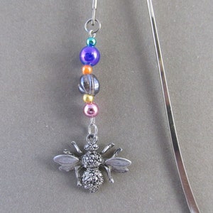 Shepherd&#39;s Hook Bookmark with Bee Charm & Bead Dangle, Hostess Gift, Easter Gift, Gift for Book Lover, Beekeeper Gift