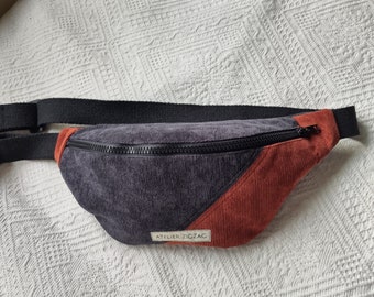 Sac banane en Velours Côtelé milleraies bicolore rouge et noire - doublure double coton