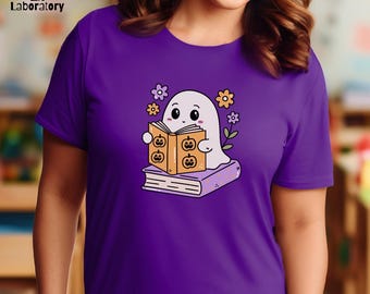 Spökläsande bok-t-shirt, läskig Halloween-t-shirt med grafisk design