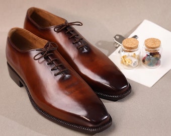Handmade Men’s Brown Patina Leather Whole Cut Dress Shoes, Men’s Formal Brown Shoes, Men’s Hand Painted Leather Shoes