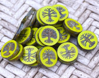 Gaspeite Green Czech Glass Tree of Life Coins with Picasso Finish ~ 22mm