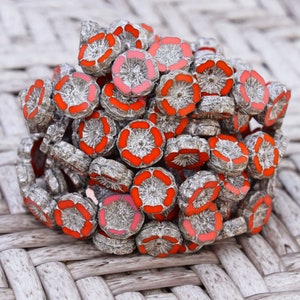 Bright Orange Czech Glass Hibiscus Flower Beads with Antique Silver Finish ~ 12mm