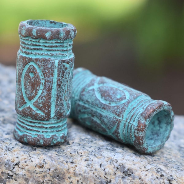 Awesome Greek Verdigris & Copper Fish Etched Barrel Tube Beads ~ set of 2