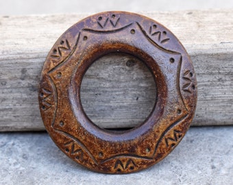 Burnt Carved Horn Ring Donut Pendant ~ double-sided ~ 60mm