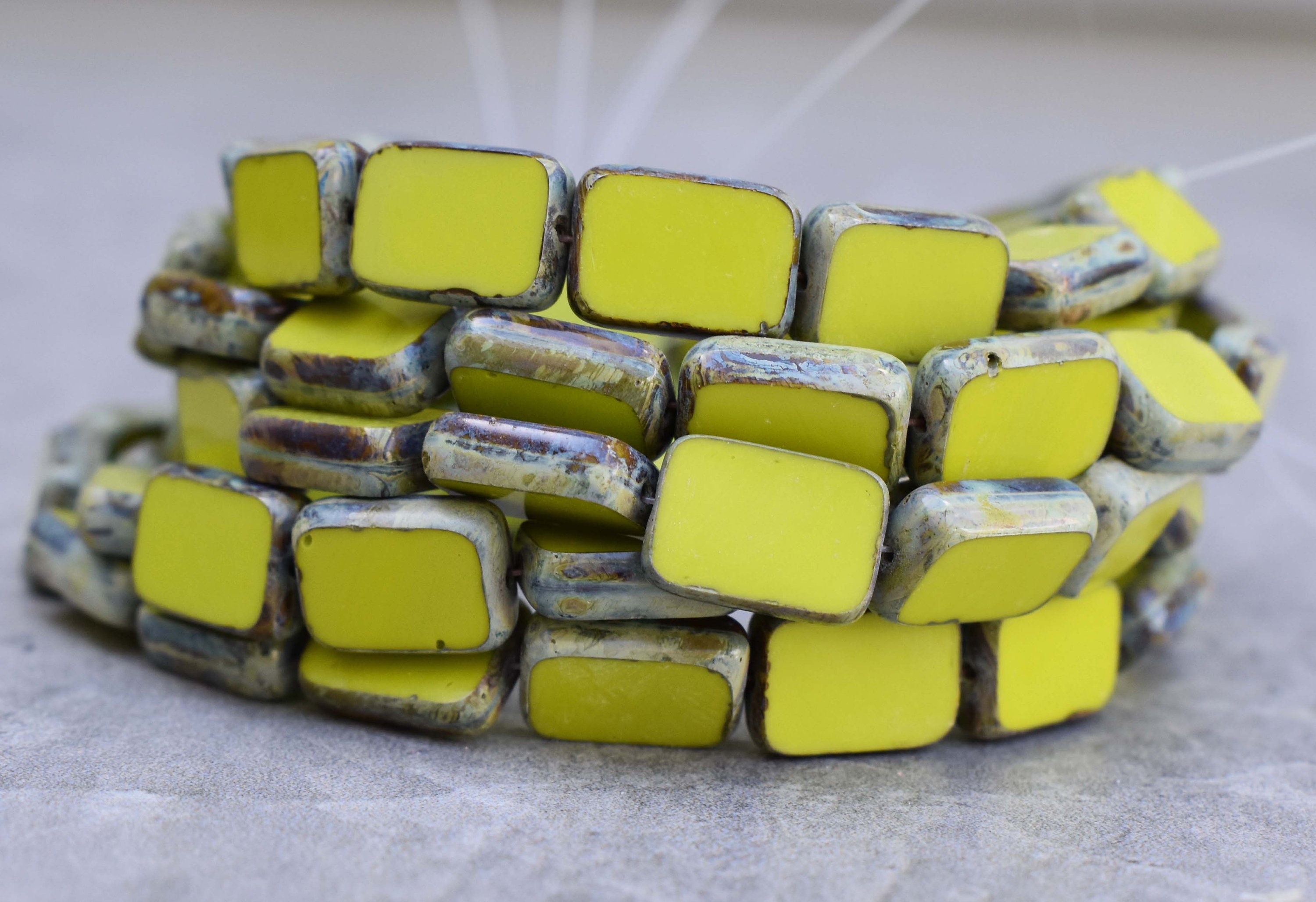 12x8mm Czech Glass Rectangle Beads Green Emerald Picasso 12