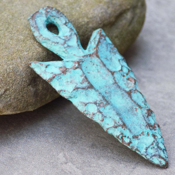 Turquoise Green Patina Cast Copper Neolithic Arrow Head Pendant ~ 22x47mm