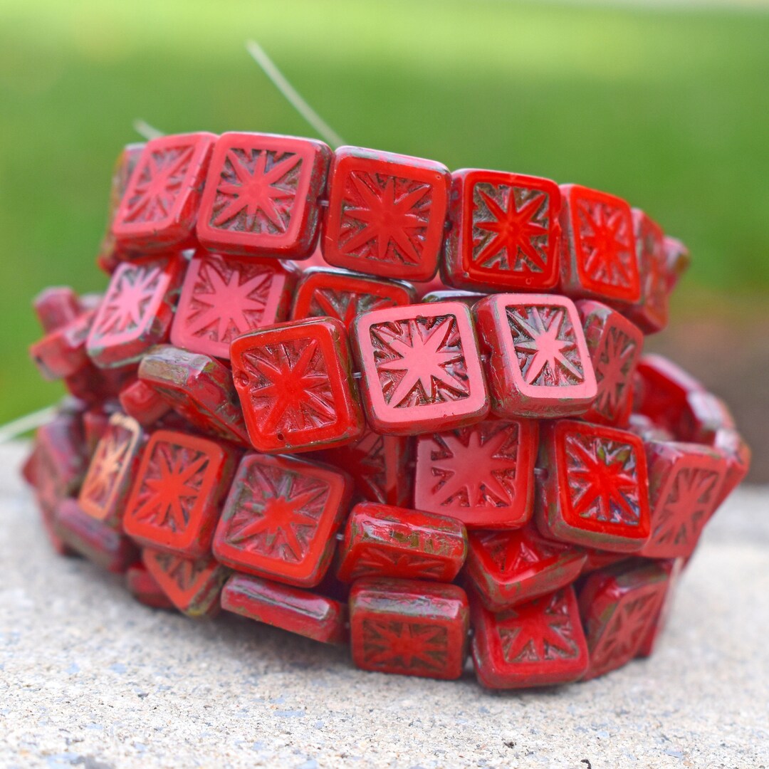 thumbnail image 2 of Czech Glass Rectangle Beads – 12x8mm Opaque Red With Picasso Finish (12 Pcs) 2 of 3