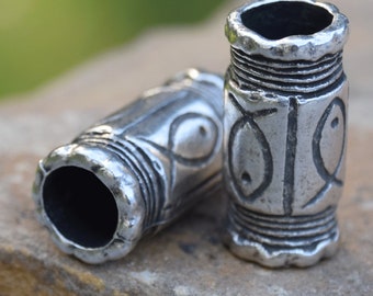 Awesome Greek Antiqued Pewter Fish Etched Barrel Tube Beads ~ set of 2