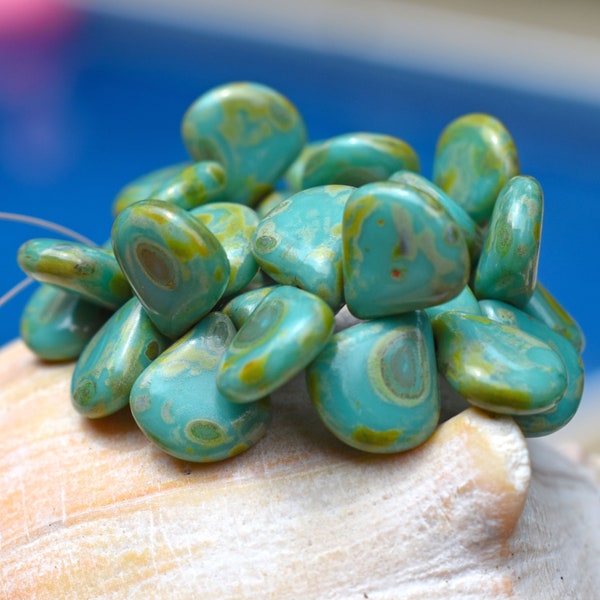 Turquoise Czech Glass Briolette Beads with Picasso Finish ~ 30 beads