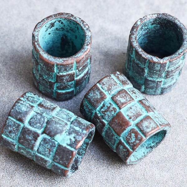 Unique Rustic Turquoise Blue Green Patina Copper Checkered Barrel Large Hole Tube Beads ~ set of 4