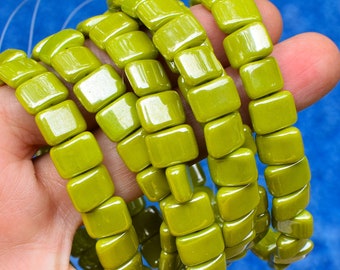 Gaspeite Green Luster Czech Glass Rectangle Beads ~ 8x12mm