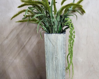 Pair of Tall Weathered Wood Floor Vase Set: Rustic Raised Grain, 24 Inch