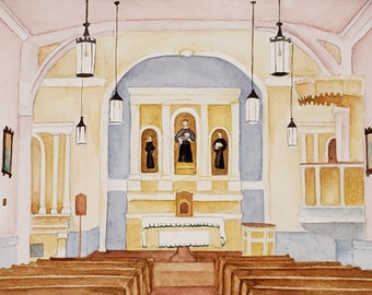 San Felipe de Neri Interior Watercolor Painting (7 3/4" x 9 3/4" painting size, outside mat is 11" x 14")