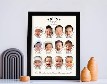 May include: A black framed photo collage of a baby's first year. The collage features 12 photos of the baby at different ages, from 1 month to 12 months. The photos are arranged in a grid pattern, with the baby's name and birthdate at the top. The text below the photos reads "Our life together has just begun. You're part of us."