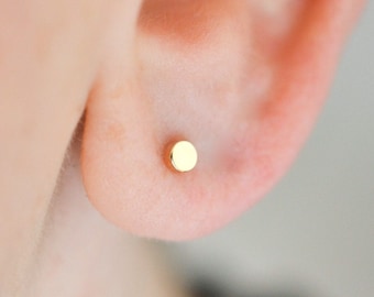 3mm flat disk stud earrings in solid 14k yellow gold  for minimalist men or women and everyday wear