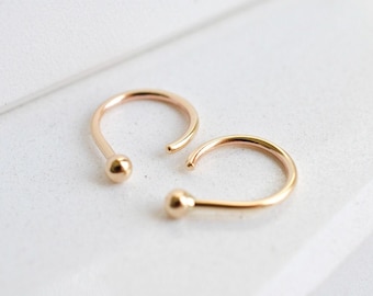 Solid 14k yellow gold ear hugger open sleeper hoop earrings with tiny balls for minimalist men or women