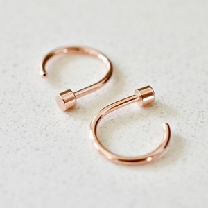 Solid 14k rose gold minimalist ear hugger, backless open sleeper hoop earrings for minimalist men or women, pale pink gold