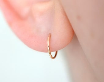 Dainty non allergic solid 14k yellow gold 9mm inner diameter sleeper hoop earrings for earlobe or cartilage