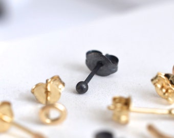 Mini ball stud earrings in blackened silver for minimalist women or men snake bite piercings