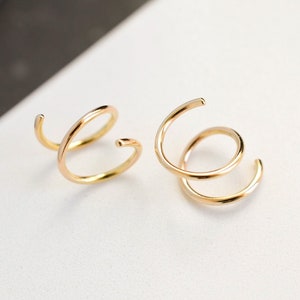 Double hoop spiral threader huggers in solid 14k yellow or rose gold for sensitive ears, minimalist earrings for man or women